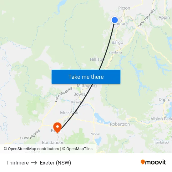 Thirlmere to Exeter (NSW) map