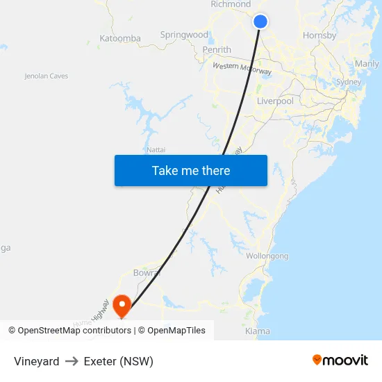 Vineyard to Exeter (NSW) map