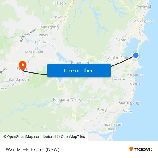 Warilla to Exeter (NSW) map
