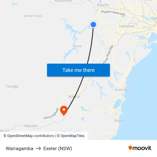 Warragamba to Exeter (NSW) map