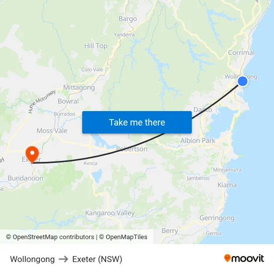 Wollongong to Exeter (NSW) map