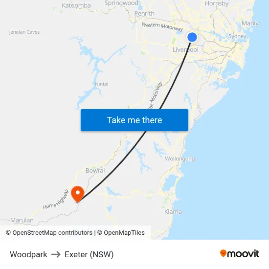 Woodpark to Exeter (NSW) map