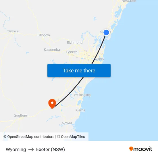 Wyoming to Exeter (NSW) map