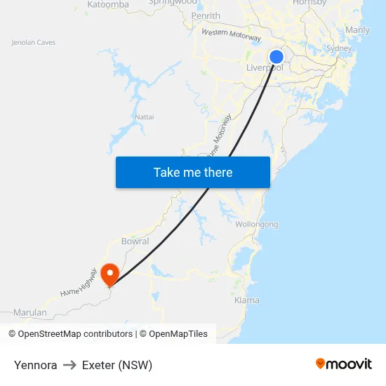 Yennora to Exeter (NSW) map