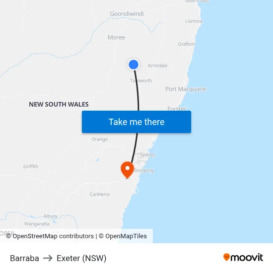 Barraba to Exeter (NSW) map