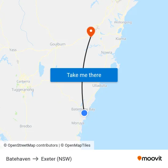 Batehaven to Exeter (NSW) map