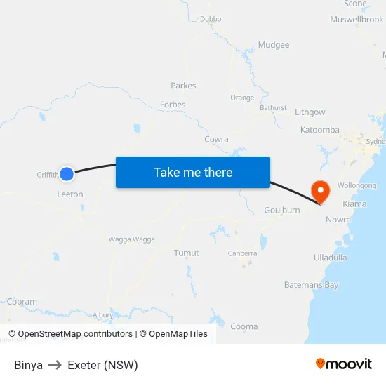 Binya to Exeter (NSW) map