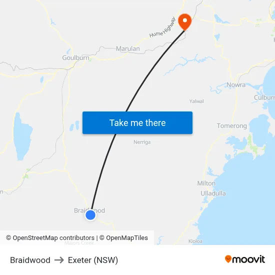 Braidwood to Exeter (NSW) map