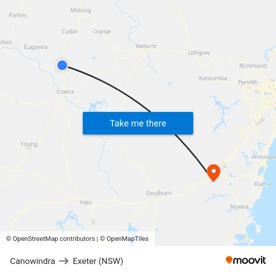 Canowindra to Exeter (NSW) map