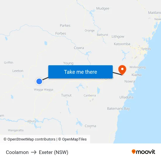 Coolamon to Exeter (NSW) map