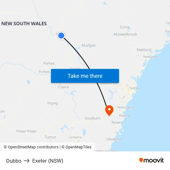 Dubbo to Exeter (NSW) map