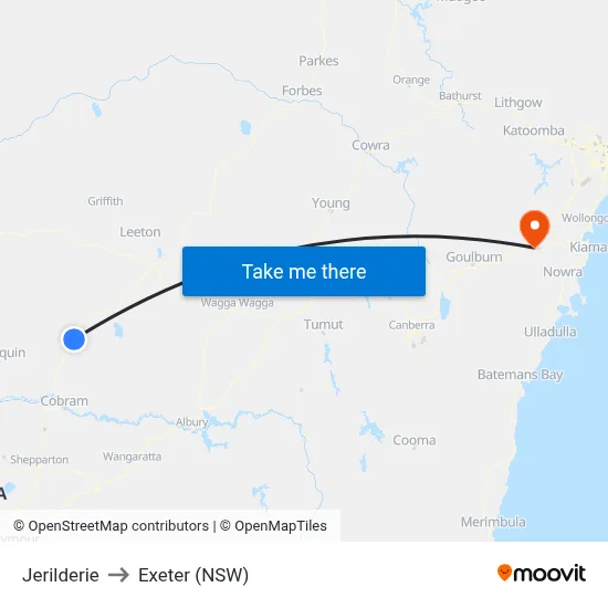 Jerilderie to Exeter (NSW) map