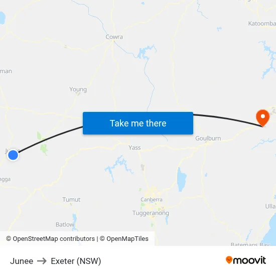 Junee to Exeter (NSW) map