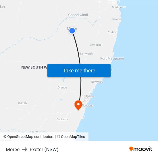 Moree to Exeter (NSW) map