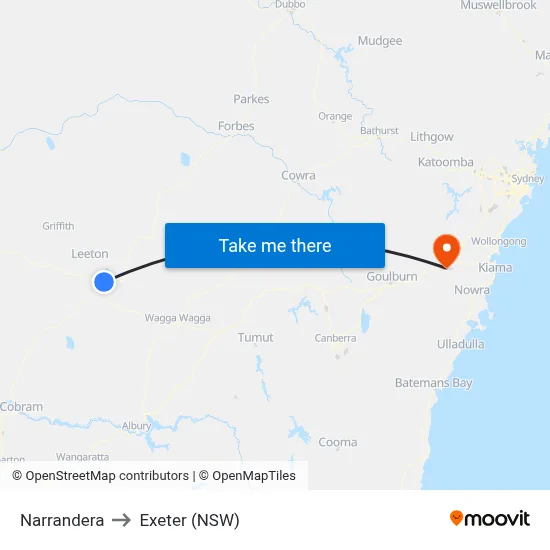Narrandera to Exeter (NSW) map