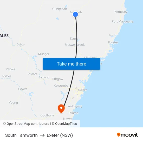 South Tamworth to Exeter (NSW) map