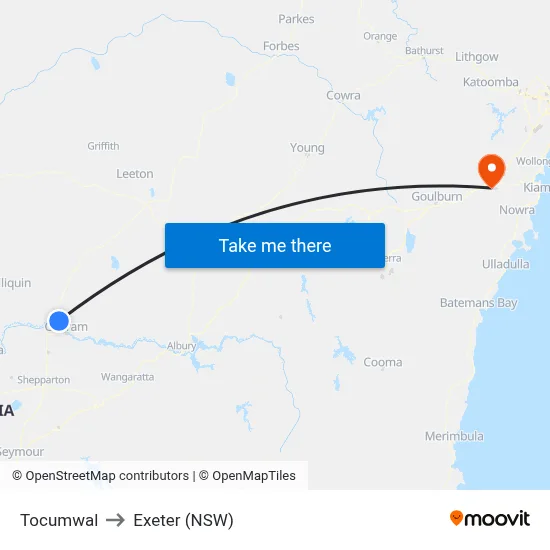 Tocumwal to Exeter (NSW) map