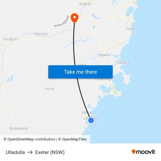 Ulladulla to Exeter (NSW) map
