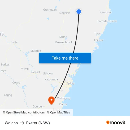 Walcha to Exeter (NSW) map