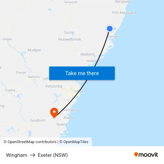 Wingham to Exeter (NSW) map