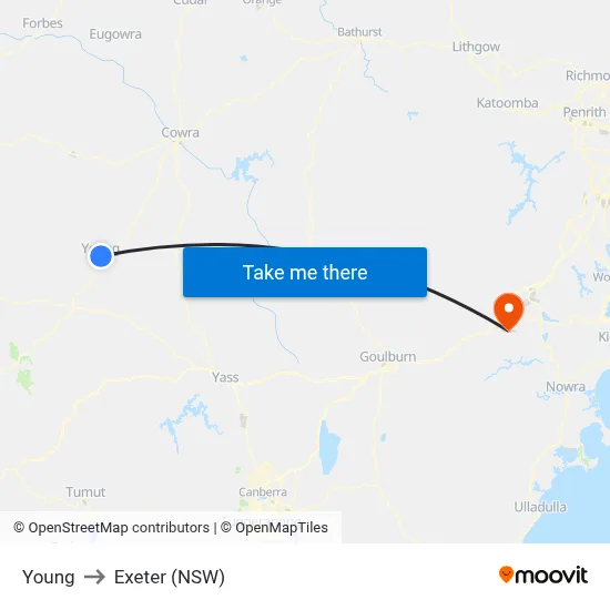 Young to Exeter (NSW) map
