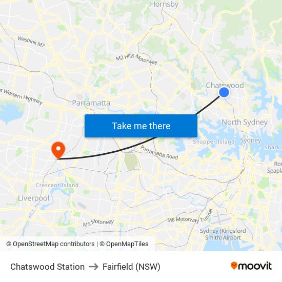 Chatswood Station to Fairfield (NSW) map