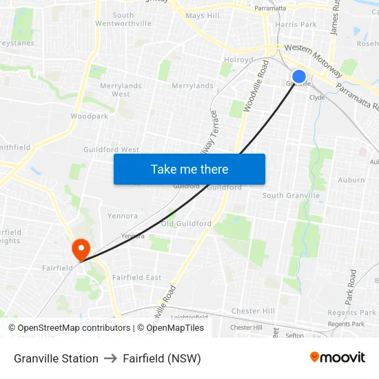Granville Station to Fairfield (NSW) map