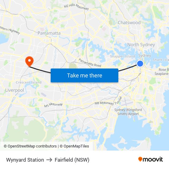 Wynyard Station to Fairfield (NSW) map
