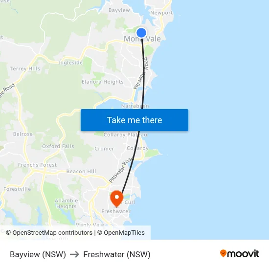 Bayview (NSW) to Freshwater (NSW) map