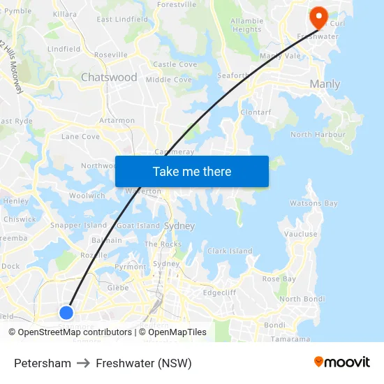 Petersham to Freshwater (NSW) map