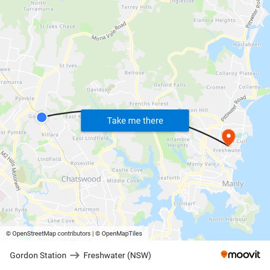 Gordon Station to Freshwater (NSW) map