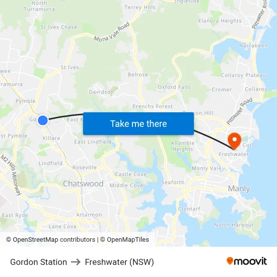 Gordon Station to Freshwater (NSW) map