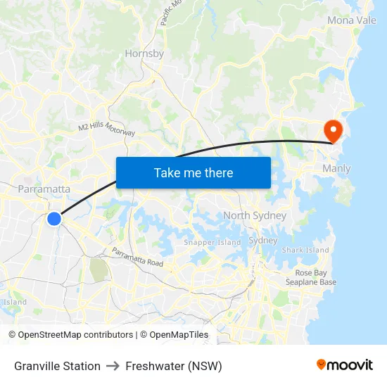 Granville Station to Freshwater (NSW) map