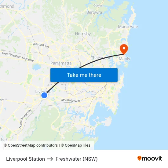 Liverpool Station to Freshwater (NSW) map