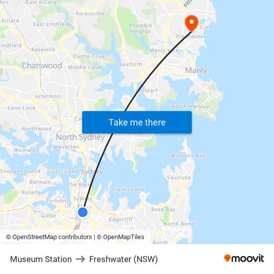 Museum Station to Freshwater (NSW) map