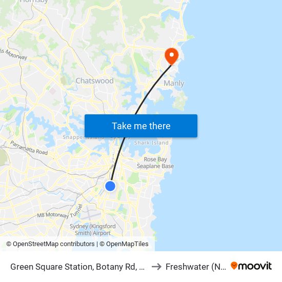 Green Square Station, Botany Rd, Stand C to Freshwater (NSW) map