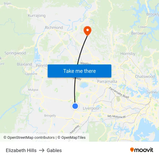 Elizabeth Hills to Gables map