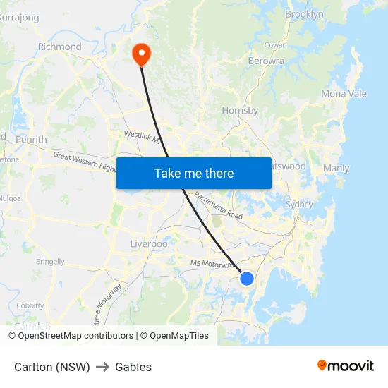 Carlton (NSW) to Gables map