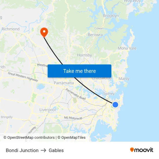 Bondi Junction to Gables map