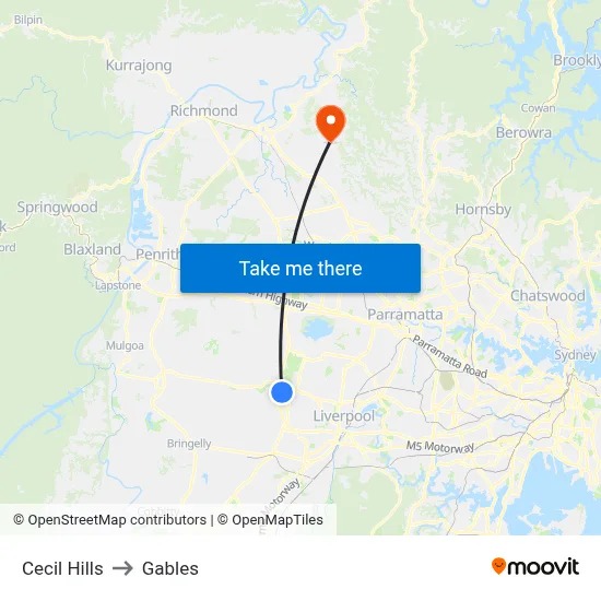 Cecil Hills to Gables map