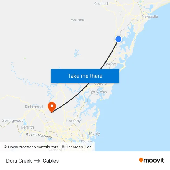 Dora Creek to Gables map