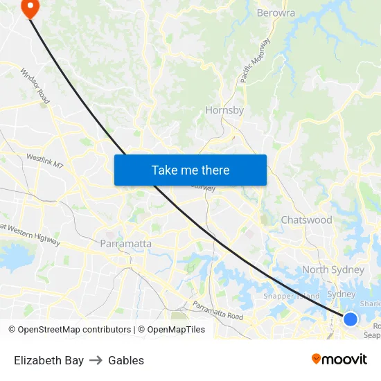 Elizabeth Bay to Gables map