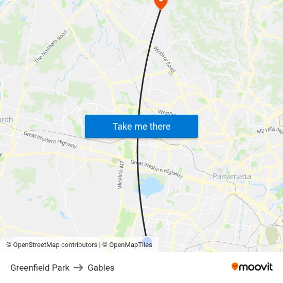 Greenfield Park to Gables map