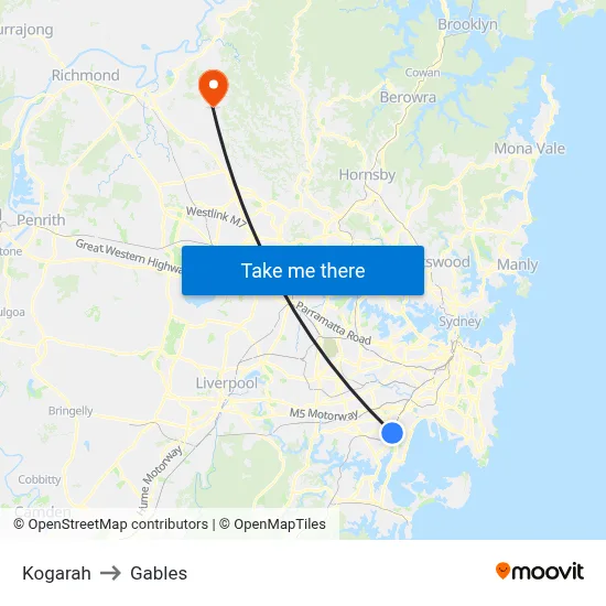 Kogarah to Gables map
