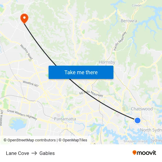 Lane Cove to Gables map