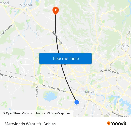 Merrylands West to Gables map