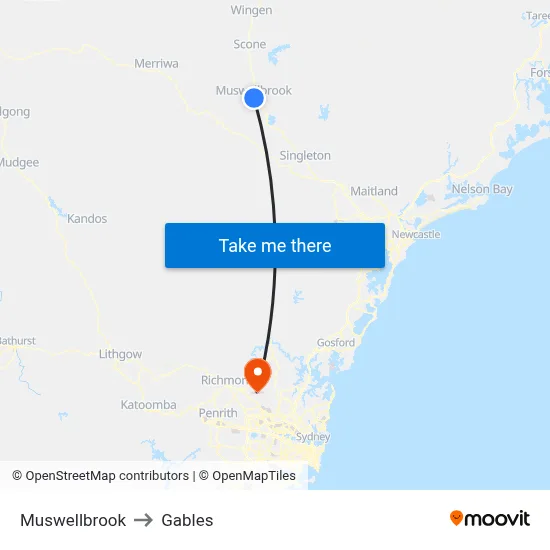 Muswellbrook to Gables map