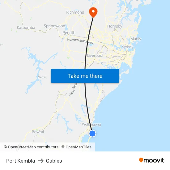 Port Kembla to Gables map