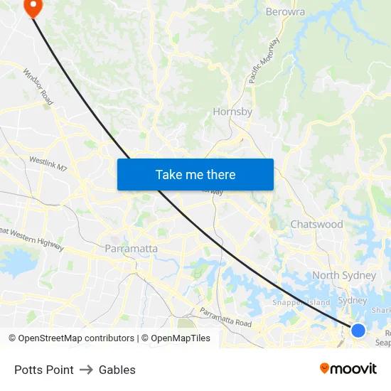 Potts Point to Gables map