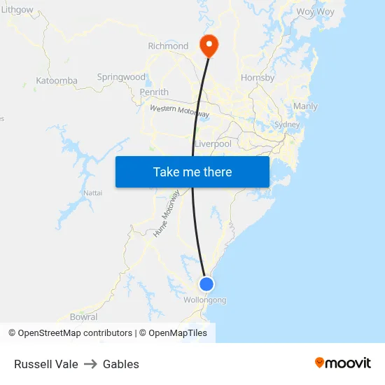 Russell Vale to Gables map